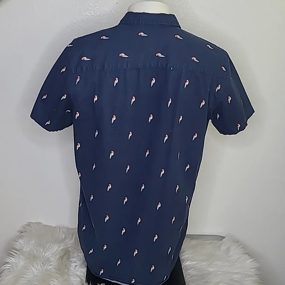 Shirt Size Medium Short Sleeve Blue Cotton Stretch Parrot Print Slim Fit Palm - Picture 4 of 7